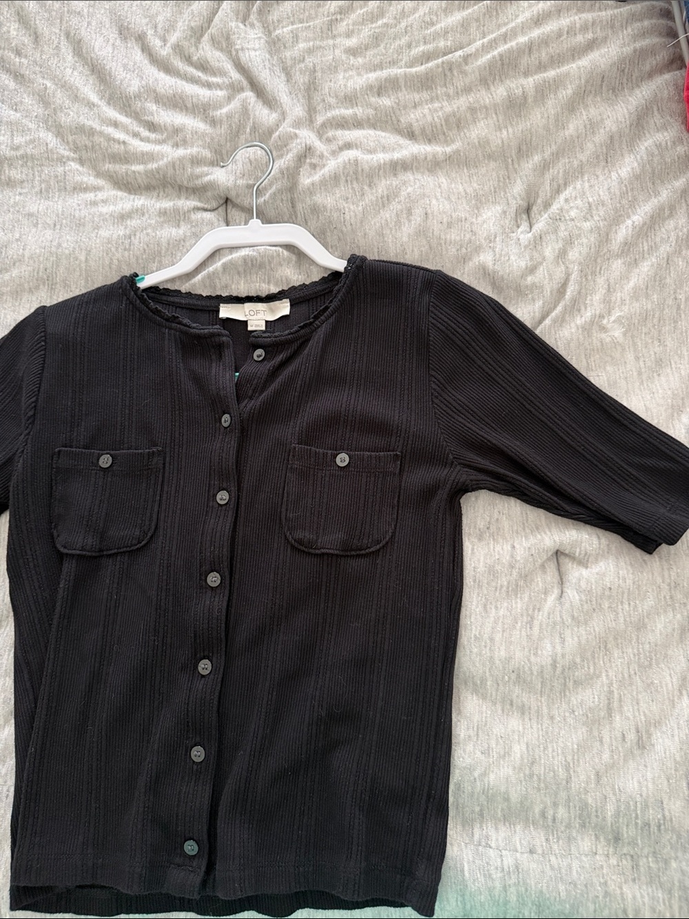 LOFT Black Ribbed Button-Down Top - Picture 4 of 4